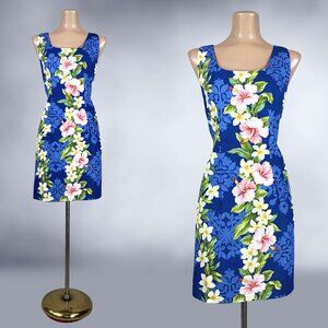 VINTAGE 80s 90s Blue Floral Hawaiian Mini Sheath Dress Sz Large By TY